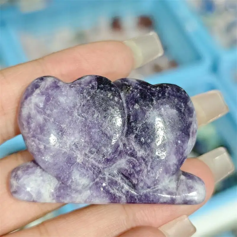 Natural Purple Mica Double Point Heart Carving Mercy Healing Fengshui Hand-carveda Statue For Home Office Decor Gift 1PCS