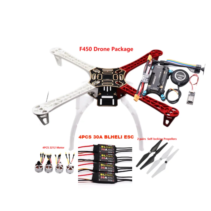 Kit Drone F450 avec Cadre 450 pour Contrôle de Vol APM2.8, Quadrirotor BLHELI, Moteur 30A 2212, ESC, Module Wifi avec Train d'Atterrissage