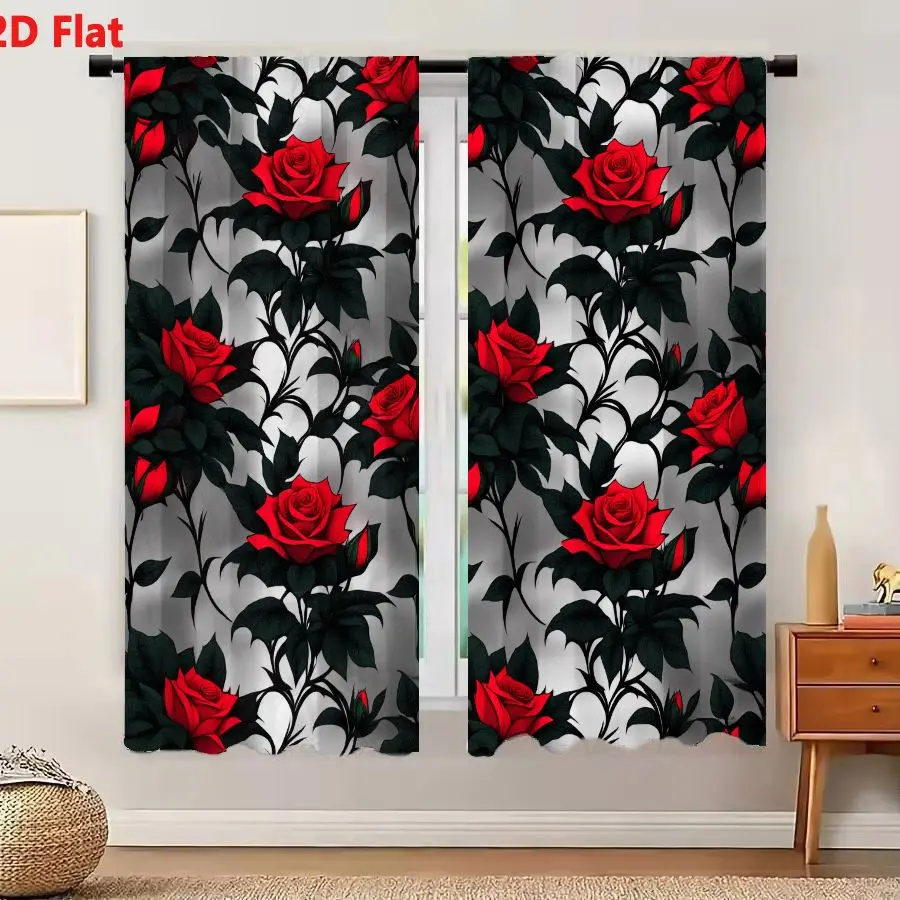 2Pcs Curtains 2D Flat Seamless Pattern With Vibrant Red Roses And Dark Green Leaves On Light Gray Background Window Drapes for B