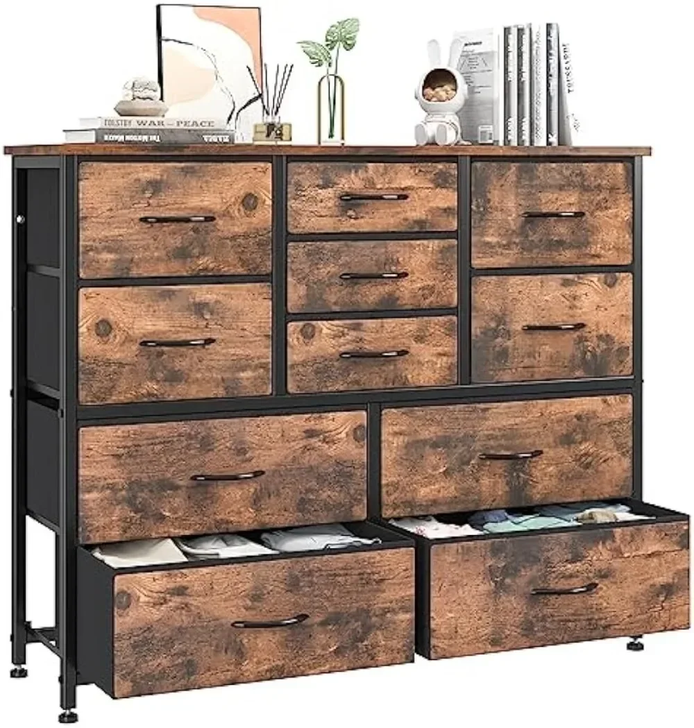 11 Drawers Dresser for Bedroom, Wide Dressers & Chests of Drawers with Wood Top, Fabric Storage Dresser TV Stand for Bedroom