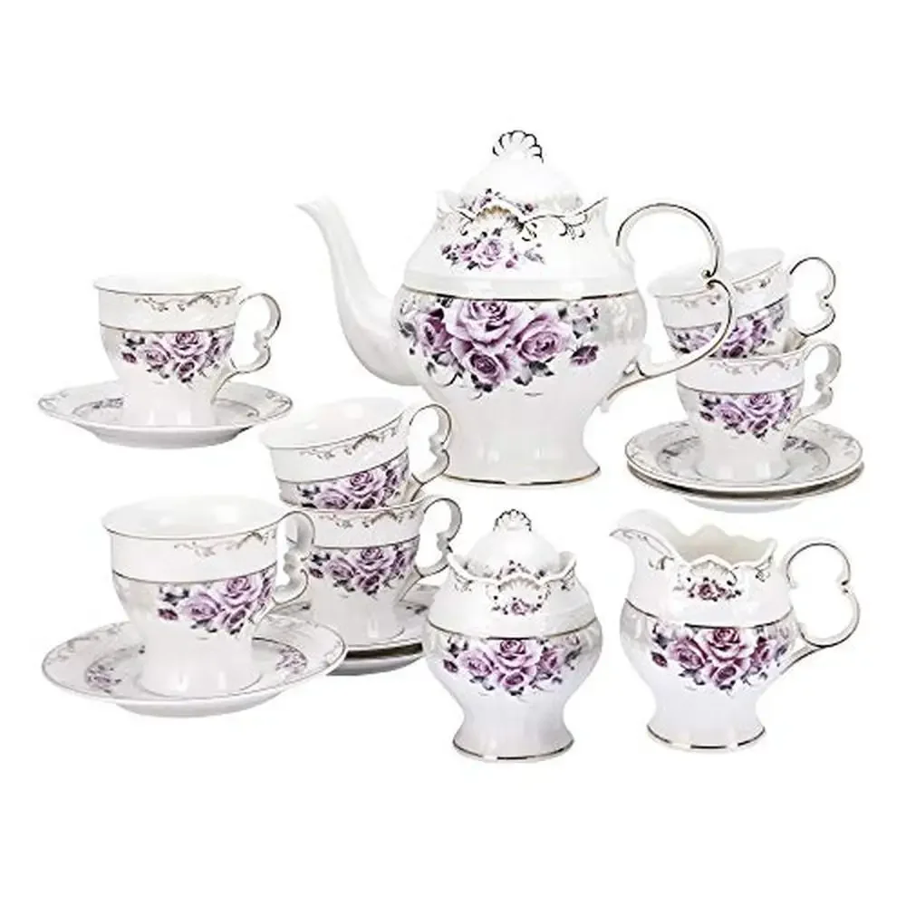 

15 Piece Porcelain Tea Set Large British Teapot Cups Purple Rose Gold Trim Saucer Sugar Bowl Milk Jug Fine China Chao Zhou