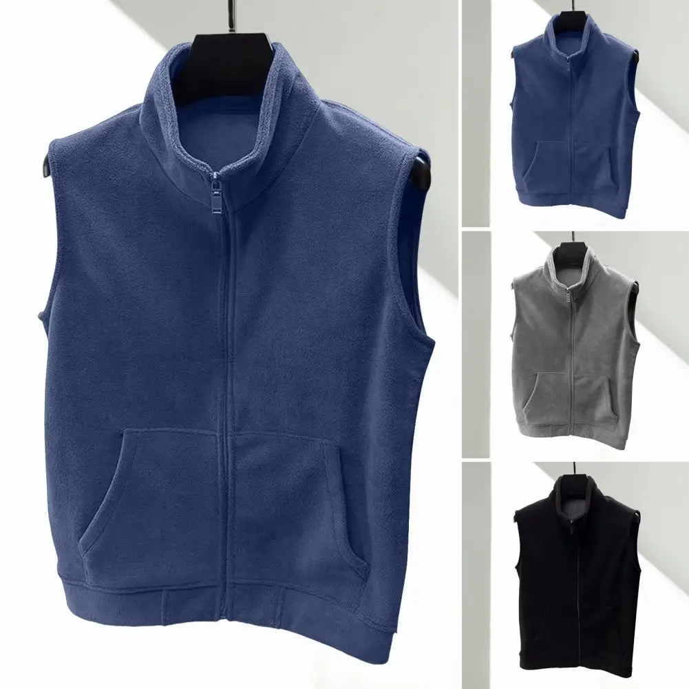 Stand-up Collar Sleeveless Men Vest Coat with Pockets Polar Fleece Vest with Stand-up Collar Zipper Placket Soft Warm Waistcoat