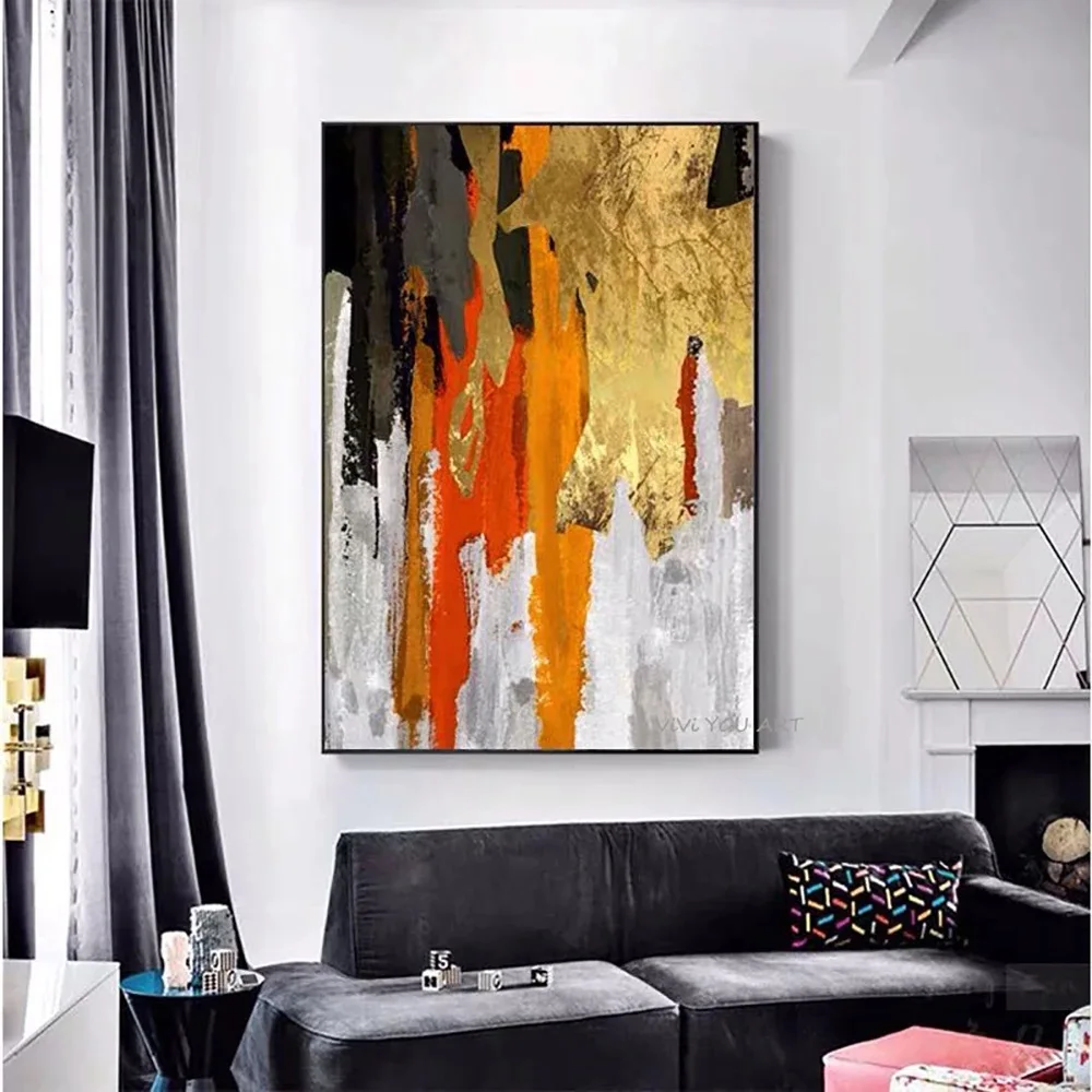 

Large Abstract Color With Gold Foil Oil Paintings On Canvas Wall Art Hand Painted Texture Painting For Living Room Wall Decor