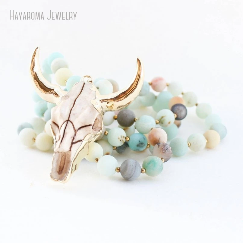 10Pcs Skull Longhorn Western Bead Necklace Boho Animal Bull Southwestern Bohemian Stone Jewelry Women Gift