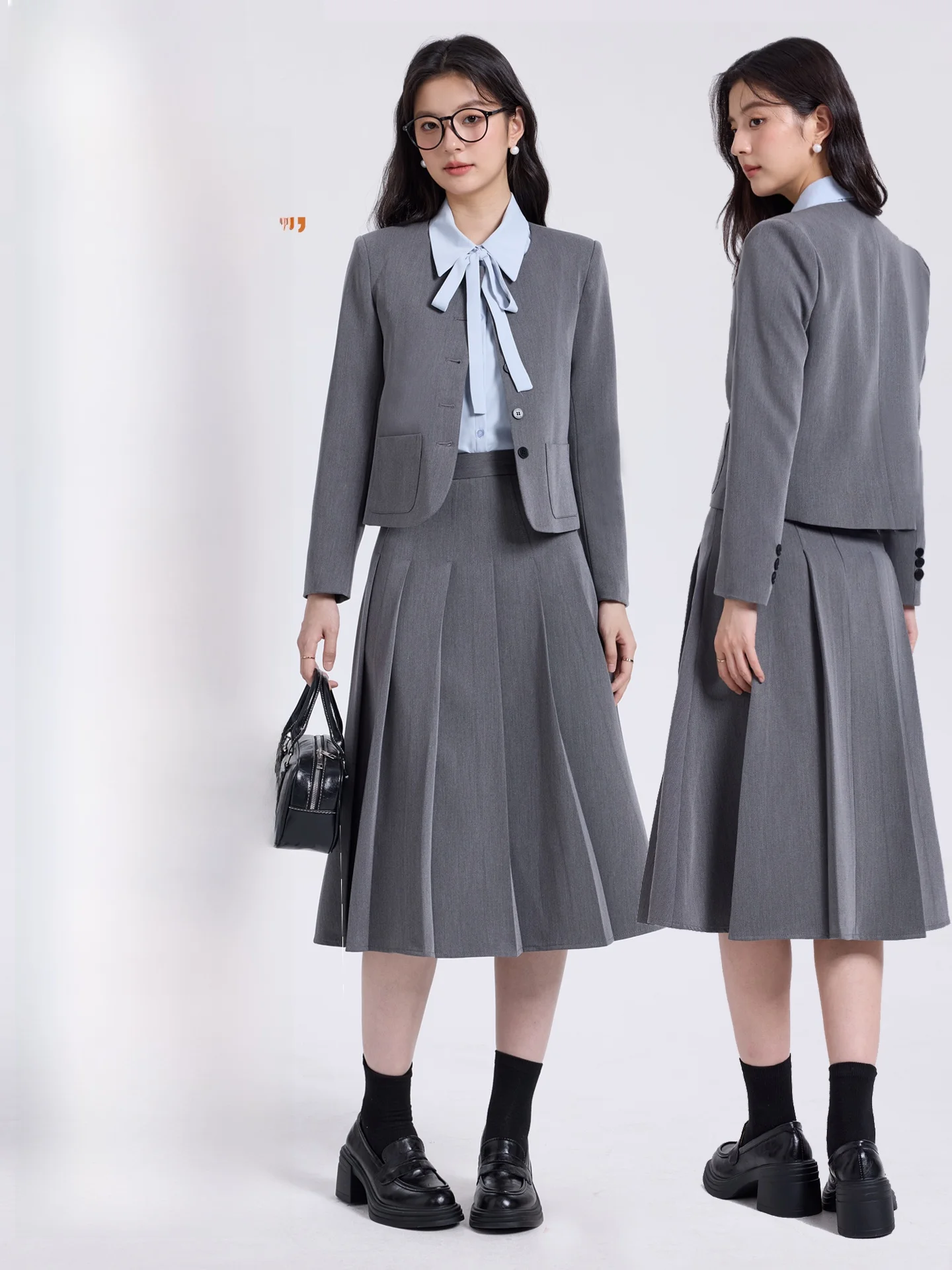 

Серый костюм-двойка в стиле «Маленький аромат» для студенток: профессиональный, высококачественный, для собеседований, в университетском стиле, из полиэстера.