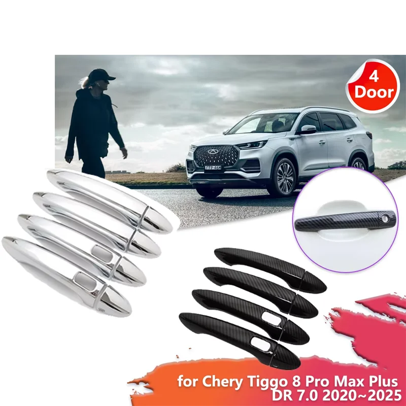 Car Door Handle Cover for Chery Tiggo 8 Pro Max Plus DR 7.0 2020~2025 Carbon Fiber Chrome Sticker Trim Decor Part Accessories