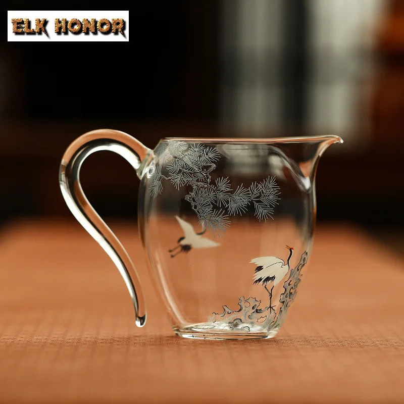 240ml Blue Pine Crane Thickened Glass Tea Pitcher Divide Tea Cha Hai Dispenser Justice Cup Fair Mug Cafes Decoration Accessories