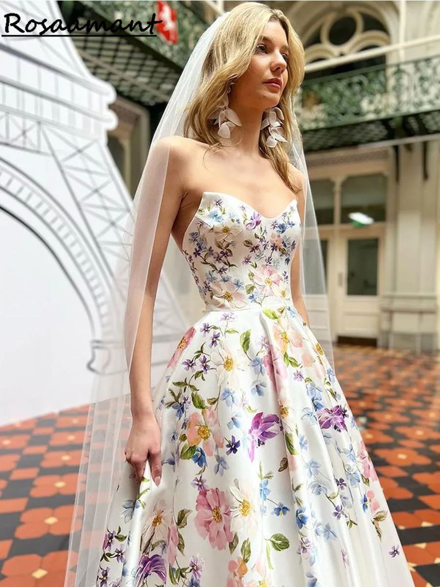 Print Flower Wedding Dresses Sweetheart Bridal Gowns For Bride Robe De Mariée Beach Sweep Train For Women