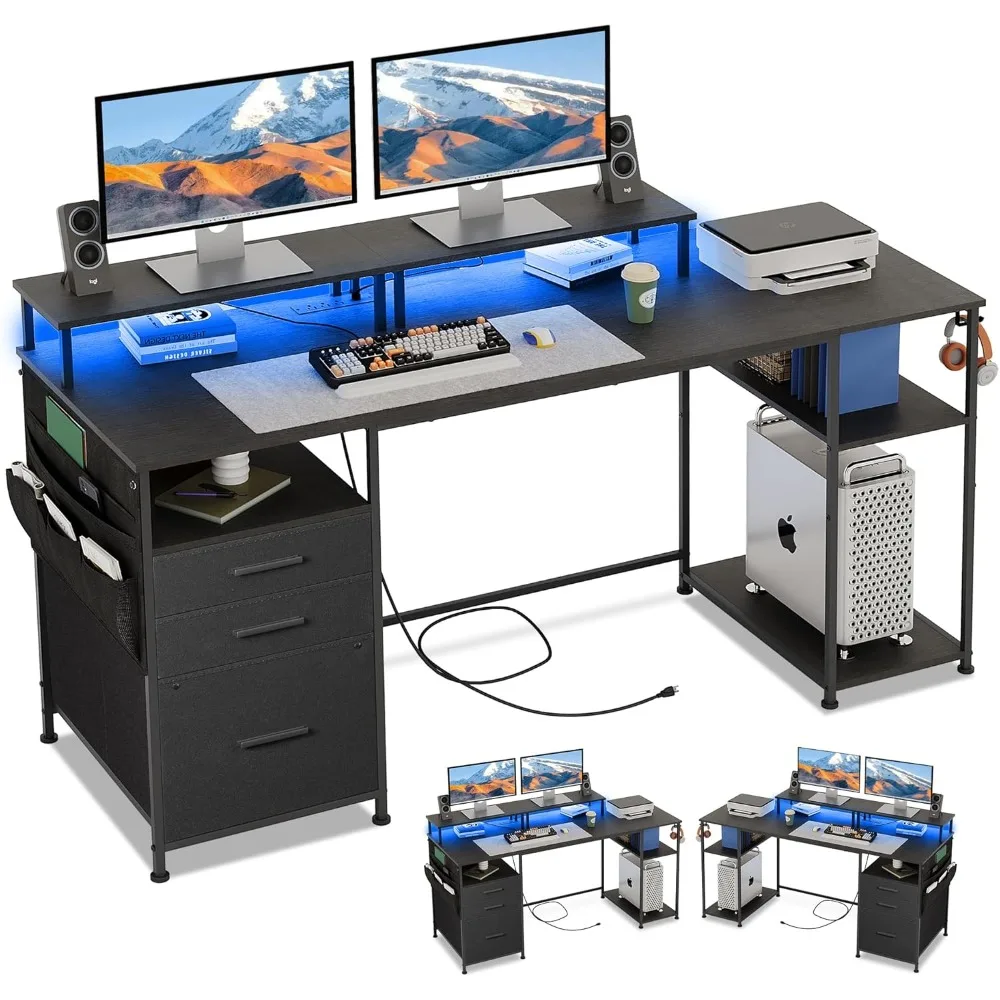 

Computer Desk with 3 File Cabinet Drawers, 57.8'' Reversible Gaming Desk with LED Lights and Power Outlets, Office Desk with Sto