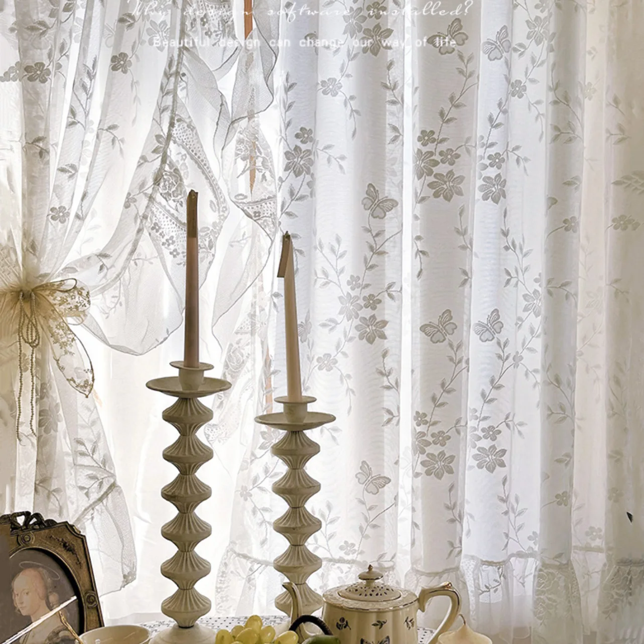 French Romance Ruffle Sheer Curtains White Butterfly Flowers Lace Voile Window Drapes for Bedroom Cafe Living Room Kitchen