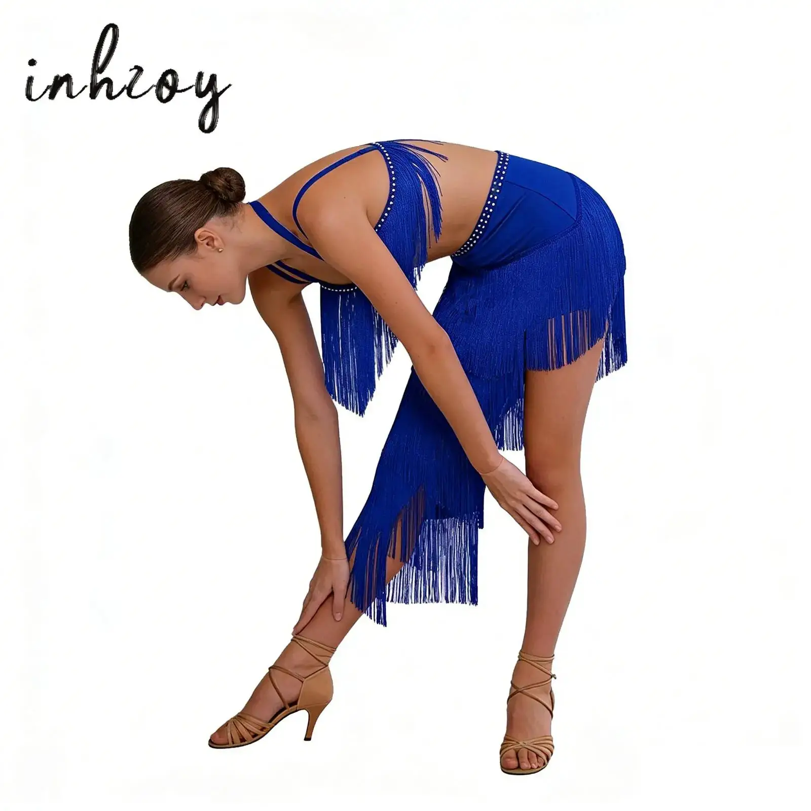 

Womens Belly Dance Dance Outfit Halter Backless Shiny Crop Top And Tiered Tassels Skirt Built-in Shorts for Latin Chacha Rumba