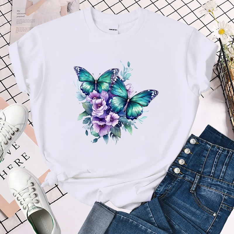 (Premium T-shirt)Funny Flower Butterfly Print T-Shirts For Women Summer Round Neck Tee Shirt Femme Fashion Casual T-Shirts