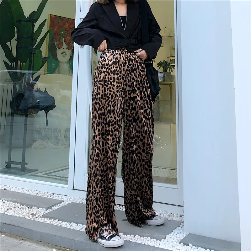 Veludo dourado leopardo imprimir calças femininas outono inverno nova cintura alta elástica baggy calças coreano vintage em linha reta ampla perna