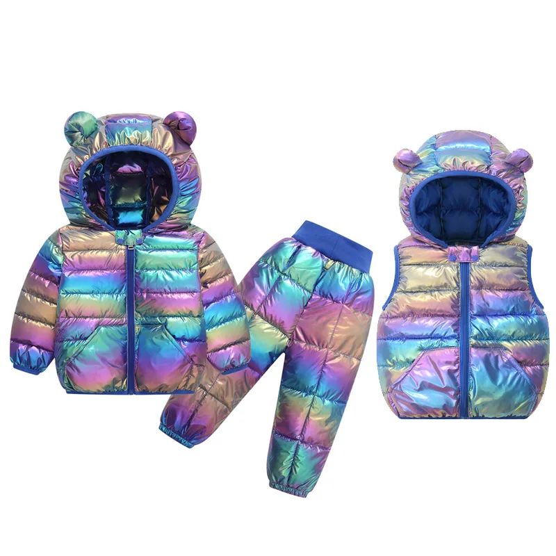 Autumn Winter Children Clothing Jacket Vest Pants Thickened Kids Clothing Set Kids Down Jacket Ears Three-piece Set Boys Girls