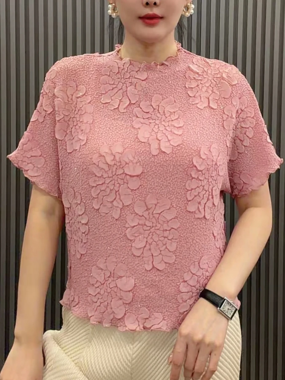 Slimming Effect Heavy Embroidery Short Sleeve Pleated T-Shirt Fashionable Ageless Versatile Casual Style Women's Top