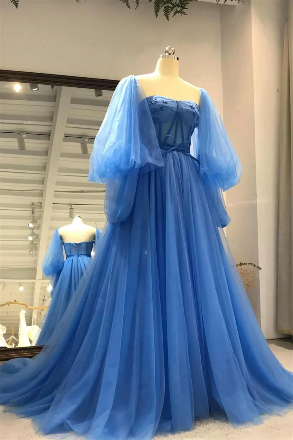 Bella Blue Prom Dresses A-line Tulle Wedding Dress Elegant Puffy Sleeves Floor-Length Heart Shape Neck Vestidos De Fiesta 2024