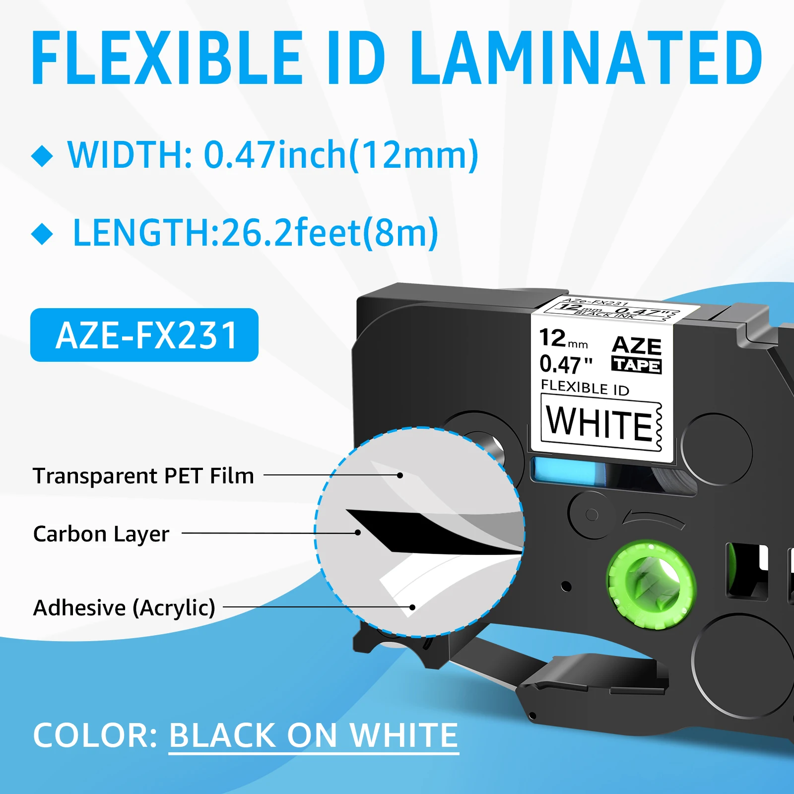 10PK 6/9/12/18/24mm Flexible ID Laminat Compatible Brother TZE-FX211 221 231 241 251 Black On White  For P-Touch Label Printers