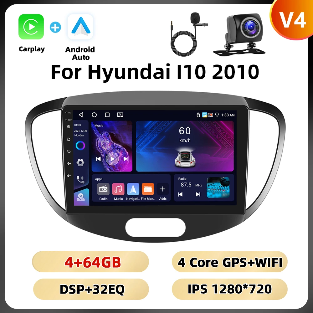 Podofo 8 + 128G 9 ''Autoradio Voor Hyundai I10 2010 Multimedia Speler Android Auto Carplay 8Core spiegel Link Bluetooth WIFI 4G RDS