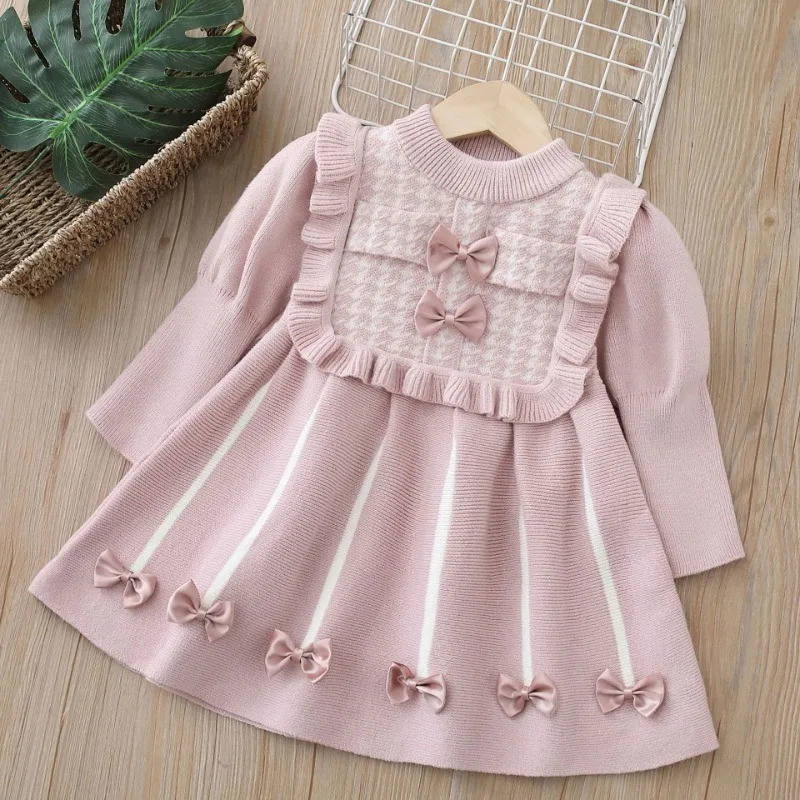 New Year's Jumper Dress for Kids Girls Spring and Autumn Casual Baby Girl Bow Knit Princess Dresses 2 To 6 Years Old Christmas