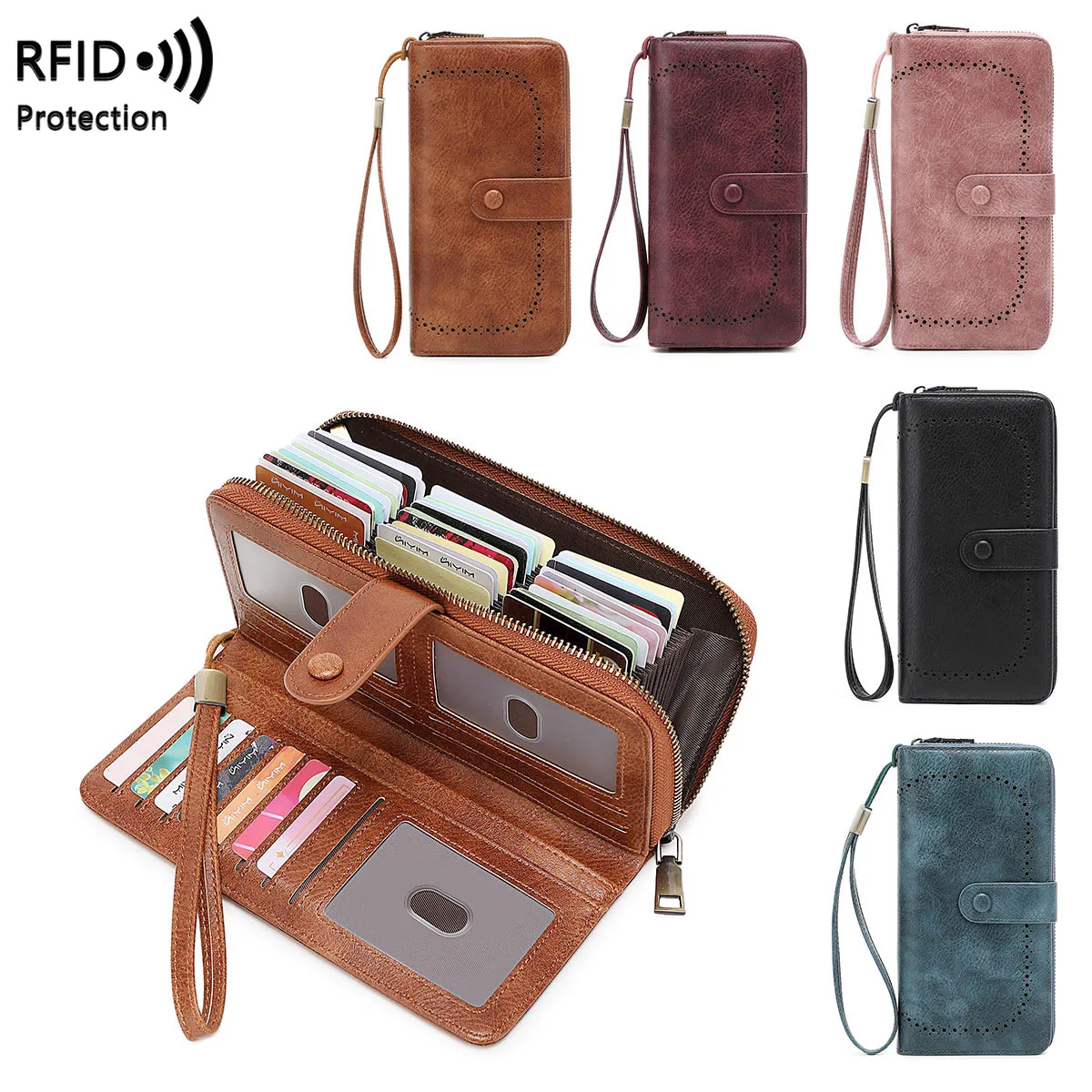 RFID anti-theft brush lady hollow organ card bag retro large capacity long mobile phone storage wallet