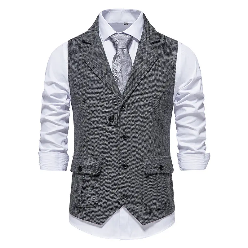 Retro Spread Collar Tweed Waistcoat Men's Large Size Wedding Party Checkered Vest Standard Fit Business Casual Polyester Fiber