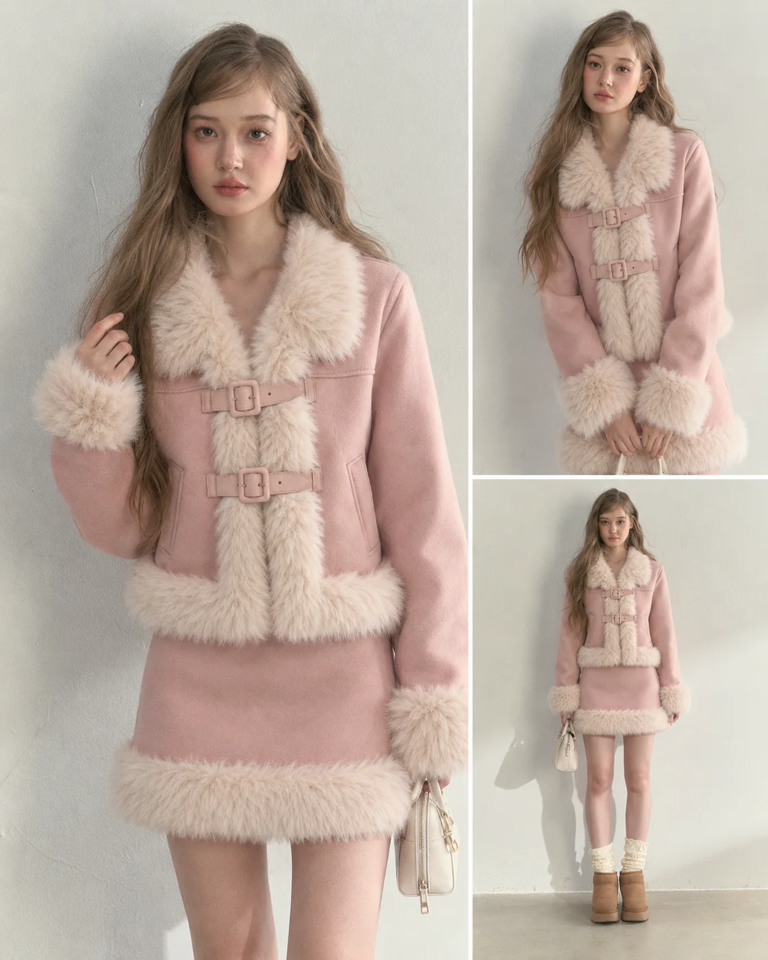 Herbst Retro Kunstpelz 2-Teilige Anzüge Damen Casual Y2k Vintage Blazer Jacken Mäntel + Röcke Japanische Kawaii Sets Outfits