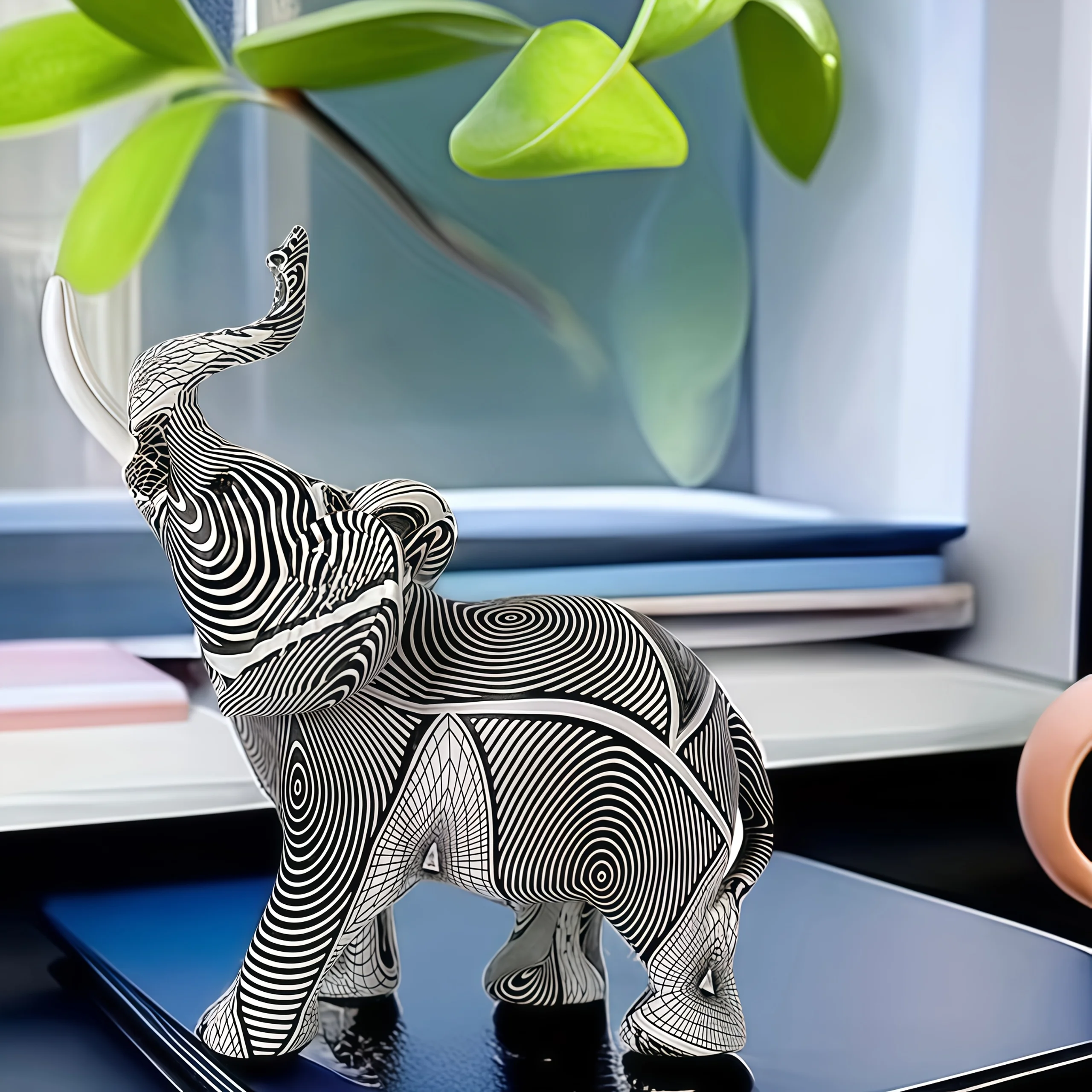 Modern Minimalist Black & White Striped Elephant Resin Statue Chic Art Figurine for Living Room