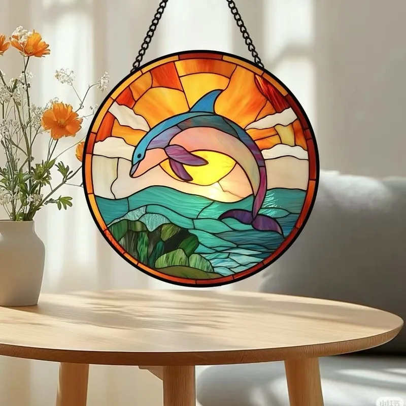 Cross-border ocean-themed sunset dolphin stained glass sun catcher, Tiffany-style round glass window hanging