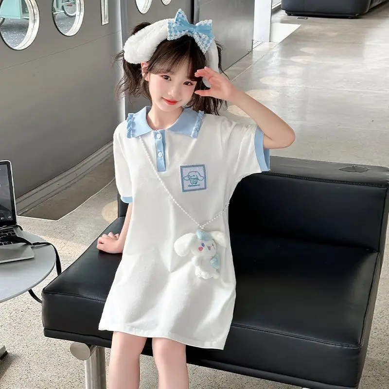 

Sanrio Girls Cute New Style Versatile Fashionable Dress Cinnamoroll Children's Summer Fashion Short-Sleeved T-Shirt Skirt Trendy