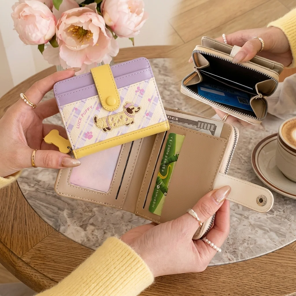 Potable Women's Short Wallet PU Leather Multi-slot Card Holder Compact Cartoon Dog Zipper Coin Purse Women's Money Bag