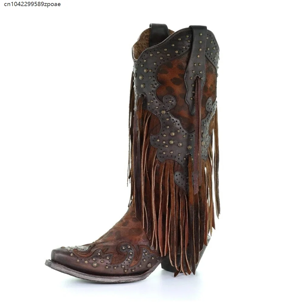 Women Vintage Leopard Print Cowboy Boots Pointed Toe Chunky Heel Mid High Fringe Rivet Boot Western Knight Festival Daily Shoes