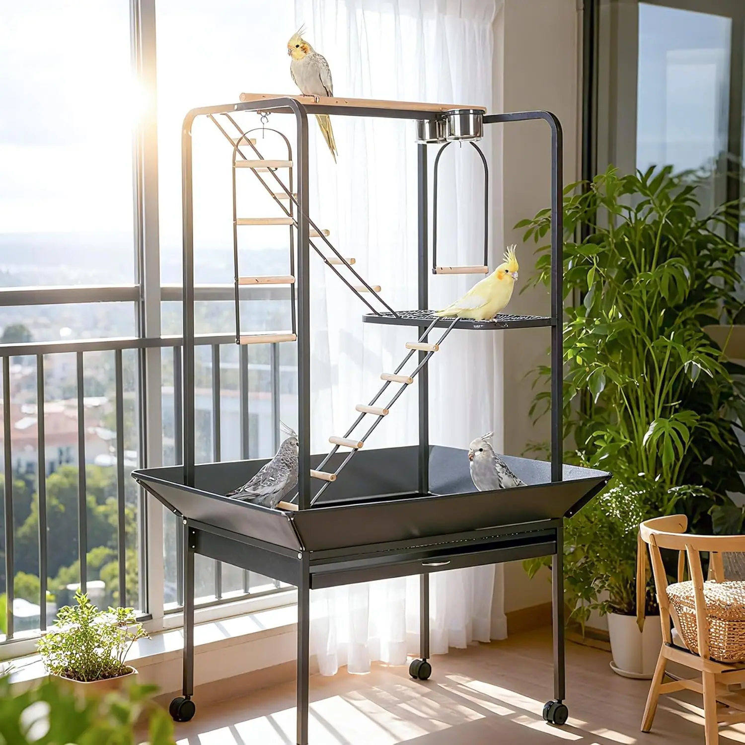 

64" Bird Playstand with Wheels, Indoor Outdoor Parrot Activity Center With Perches, Ladders, Storage Shelf & Toy Hooks