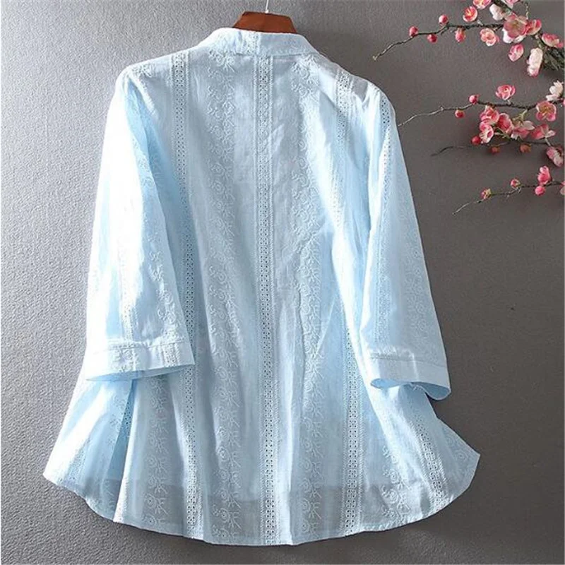 Loose Pure Cotton Shirt For Women Cardigan Thin Blusas Top Chinese Style Female Blouse Literature Embroidery Blouses Women Shirt