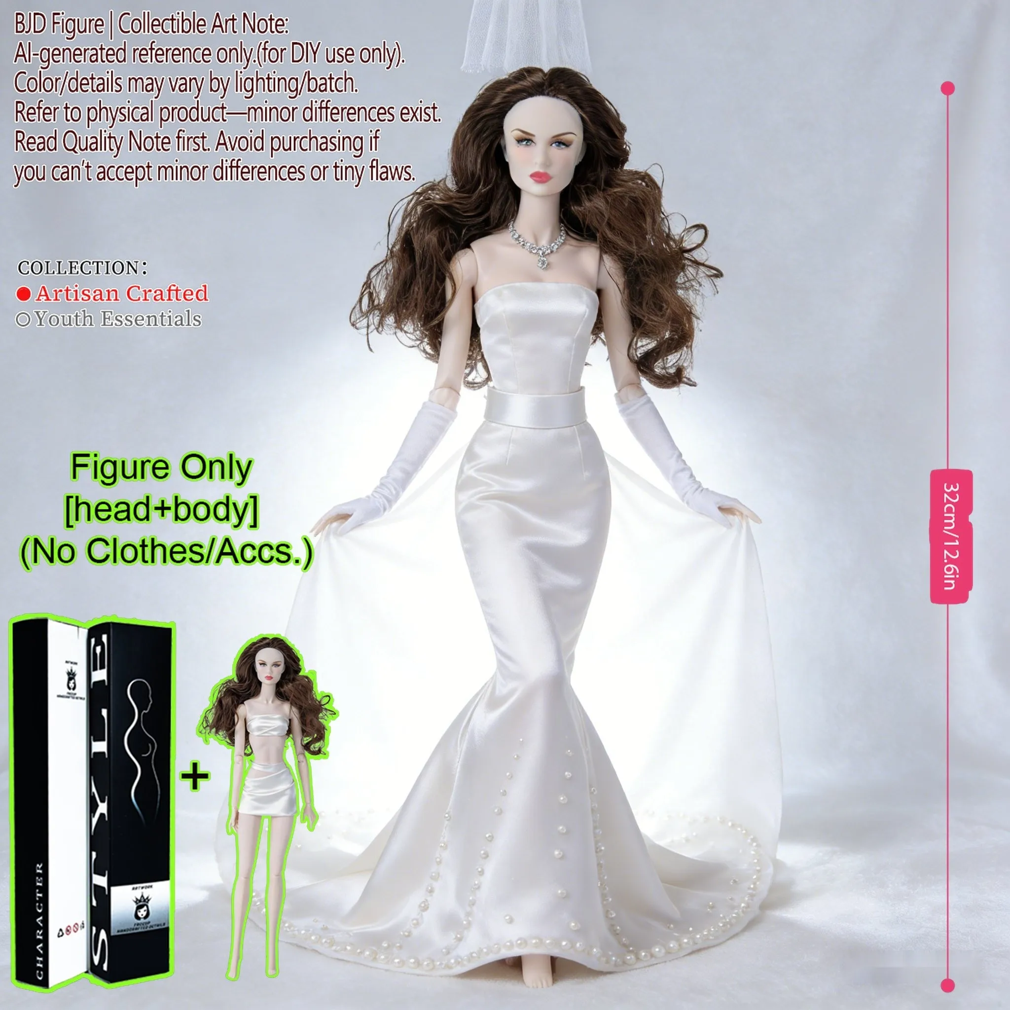 BJD Articolato 1/6 con 12 Articolazioni, 32 cm, Capelli e Pelle, Dettagli Raffinati, Outfit Fai-da-te, Regalo di Compleanno/Festività, Espositore (Senza Vestiti)