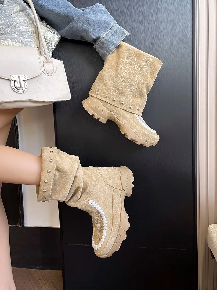 Spring Summer Embroidered Rivet Foldable Slim round Toe Boots Thick Bottom Western Cowboy Boots Fashionable Breathable ...