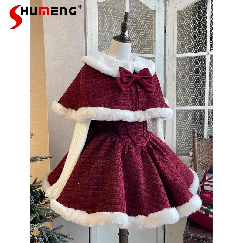 

Women's Sweet Lolita Style Dress Sets Women Elegant Bow Plush Shawl Short Jackets Mini Skirts Suit Kawaii Christmas 3 Piece Set