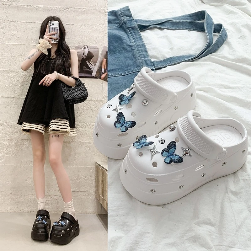 Women Platform Closed Toe Clogs Butterfly Star Rhinestone Charms Decor Hollow Soft EVA Anti Slip Indoor Outdoor Slides Sandals