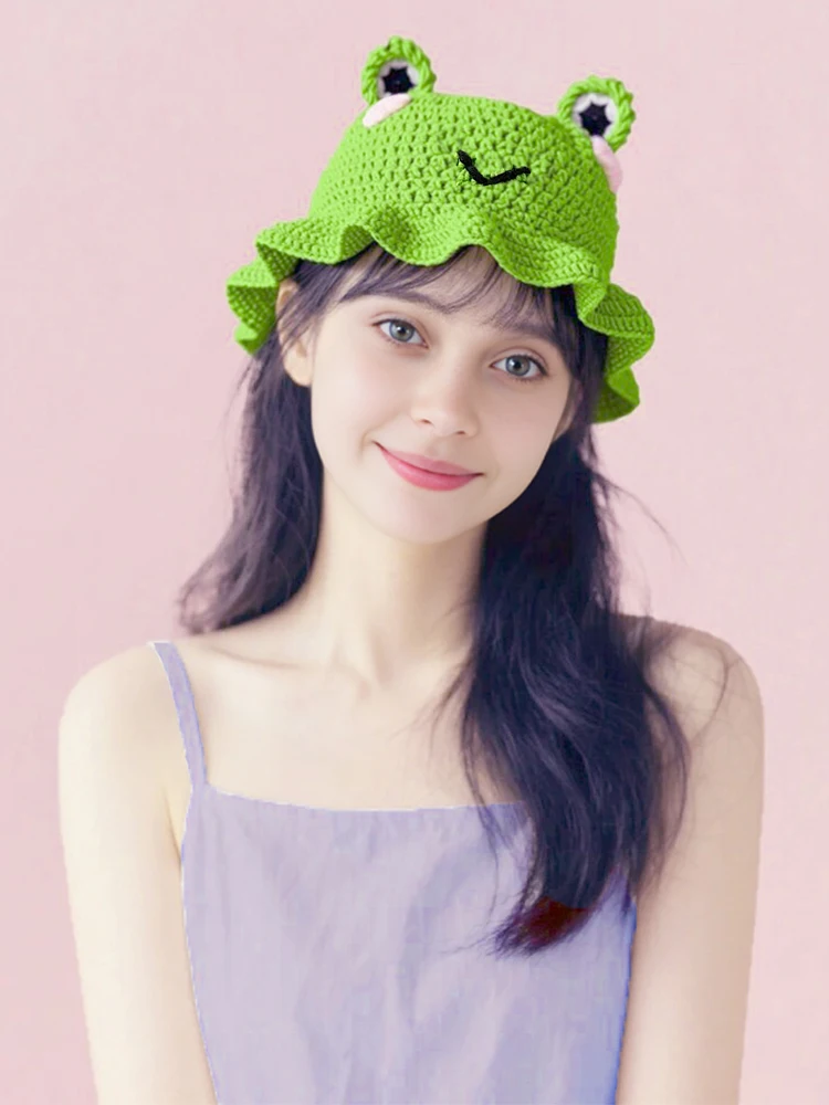 Cappello lavorato a maglia animale cartone animato neutro all'uncinetto a mano con orecchie carine Stile pescatore anca per cosplay hip-hop con volant per feste