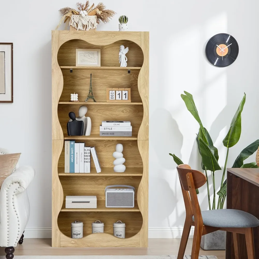 رف كتب خشبي كبير مكون من 6 طبقات - خزائن كتب حديثة طويلة للتخزين والعرض، حلول فريدة من نوعها لتخزين الكتب قائمة بذاتها