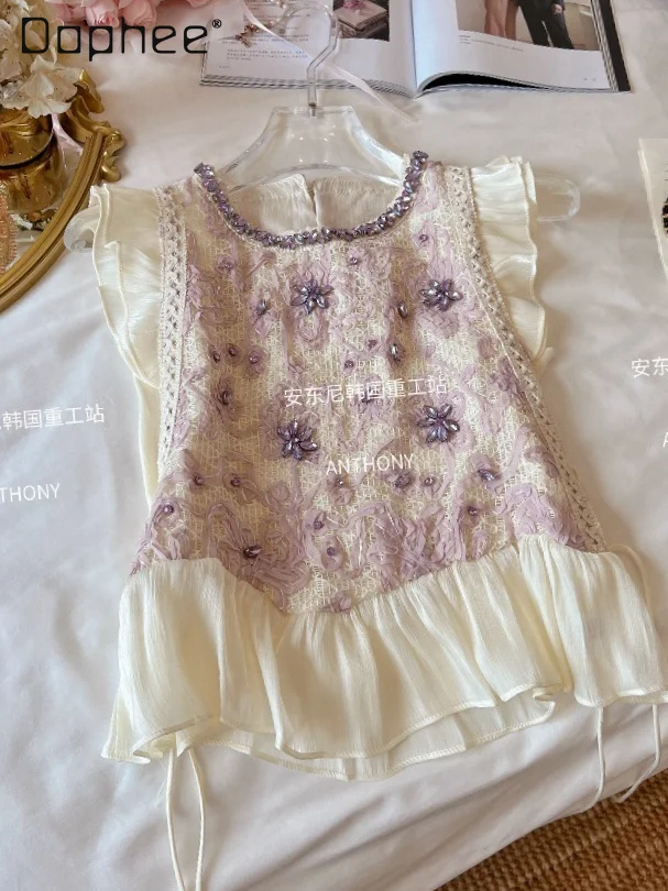 

Heavy Industry Diamond-encrusted Lace Printed Loose Pullover Flying Sleeve Chiffon Shirt Women Sweet Ruffle Leaf Edge Blouses