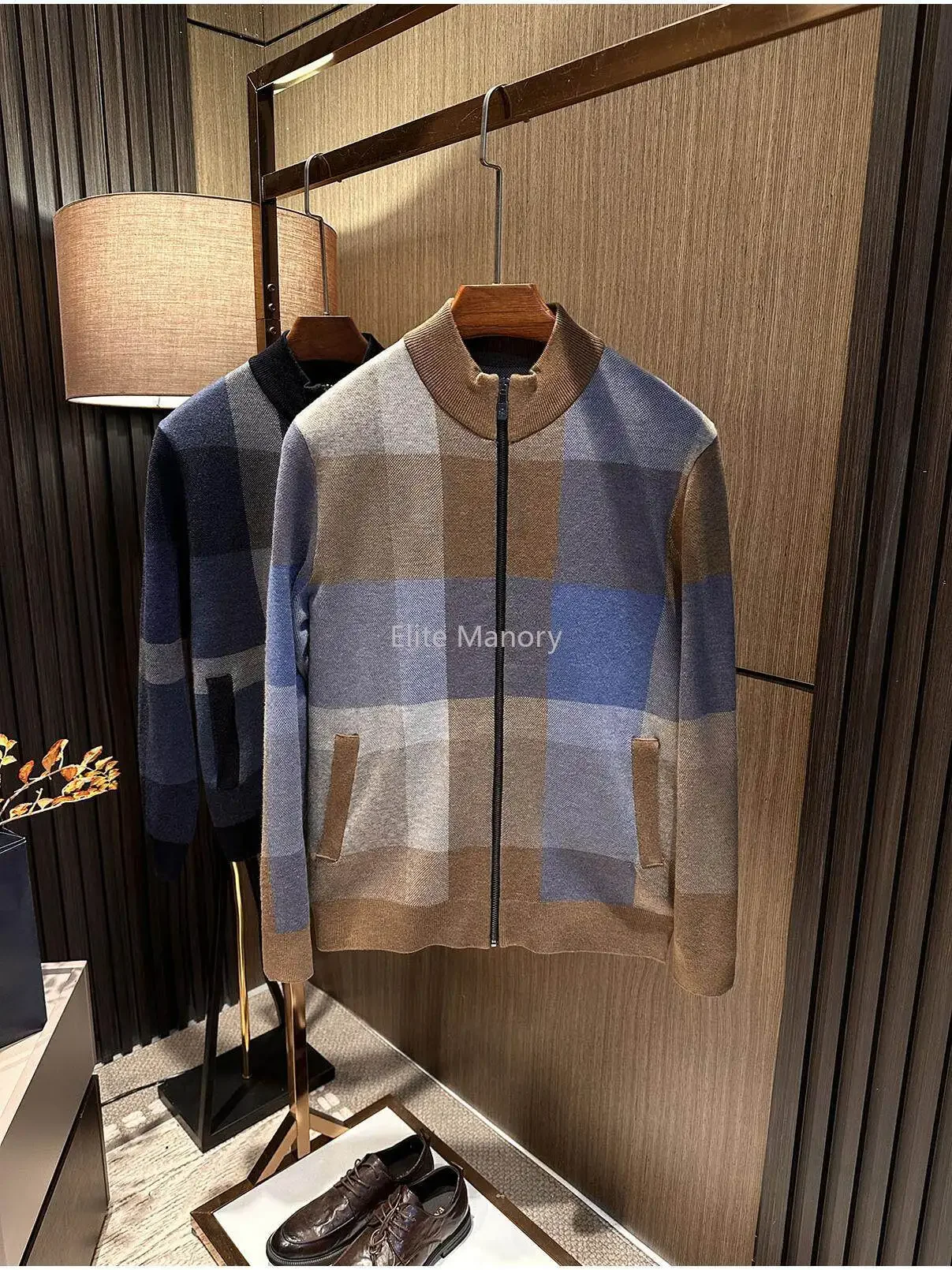[Italian Style] Autumn and Winter Men's Stand-Up Neck Knitted Cardigan Plaid Contrast Color Wool Knitted Sweater