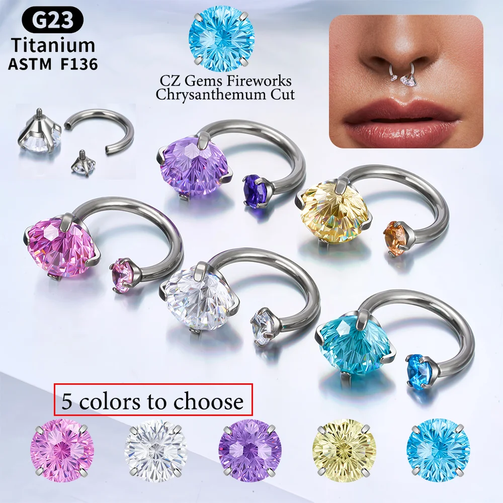 G23 Titanium Piercing Horseshoe Fireworks Zircon Chrysanthemum Cut Septum Ring Labret Cartilage Tragus Helix Lobe Body Jewelry