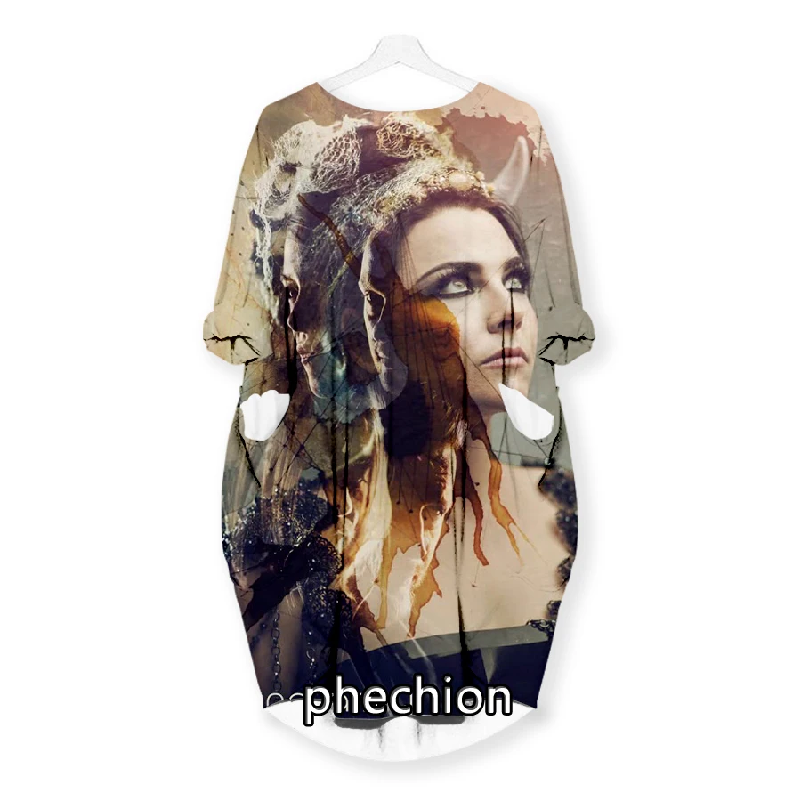 phechion New Fashion Evanescence 3D Print Dresses Casual Mid-length Dress Women Clothing Pocket Long Sleeve Tops T43