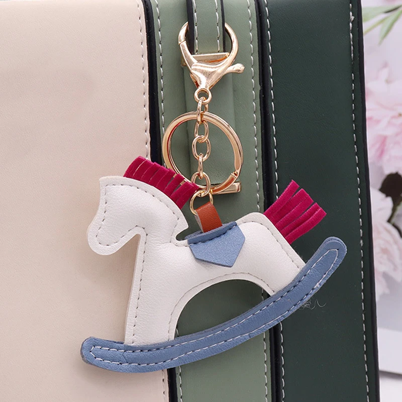 Trendy PU Leather Rocking Horse Keychain Cartoon Pony Animal Pendant Key Ring Charm Women Bag Decoration Accessories