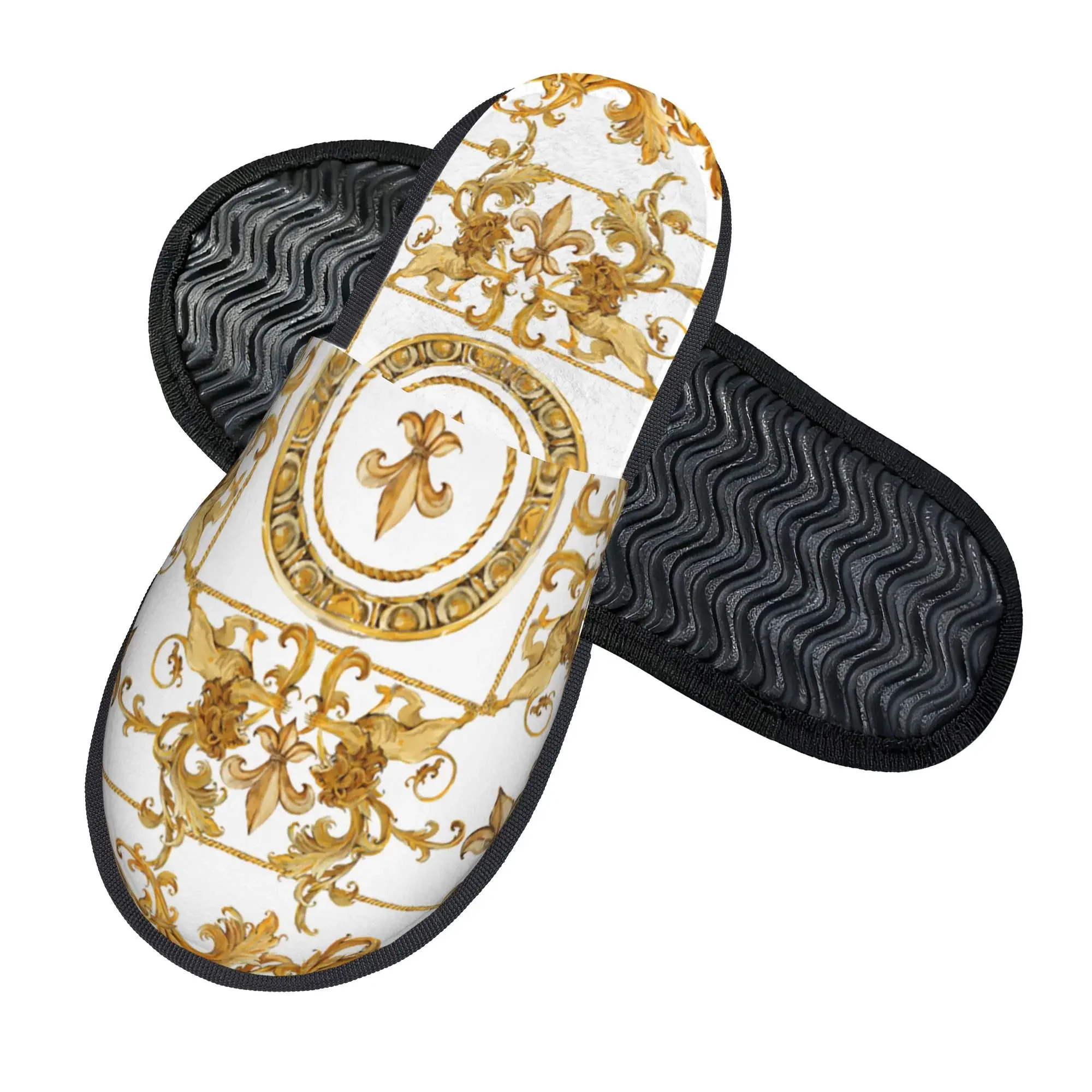 Golden Lion And Damask Ornament Women Non‑Slip Couple Family Bedroom Dorm Apartment Cotton Slippers Baroque Indoor
