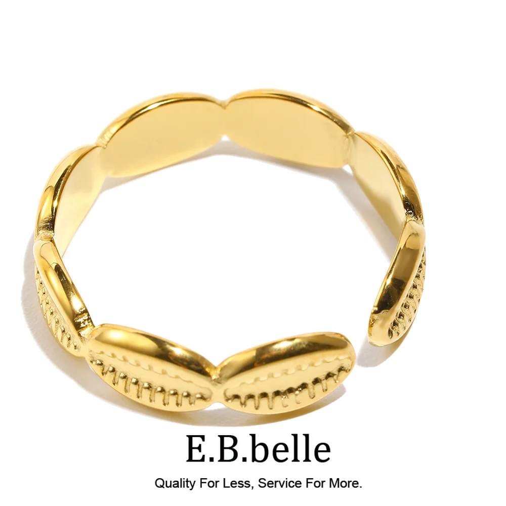 E.B.belle Waterproof Open Size 18K Gold Plated Shell Rings Minimalist Basic Stainless Steel Ring