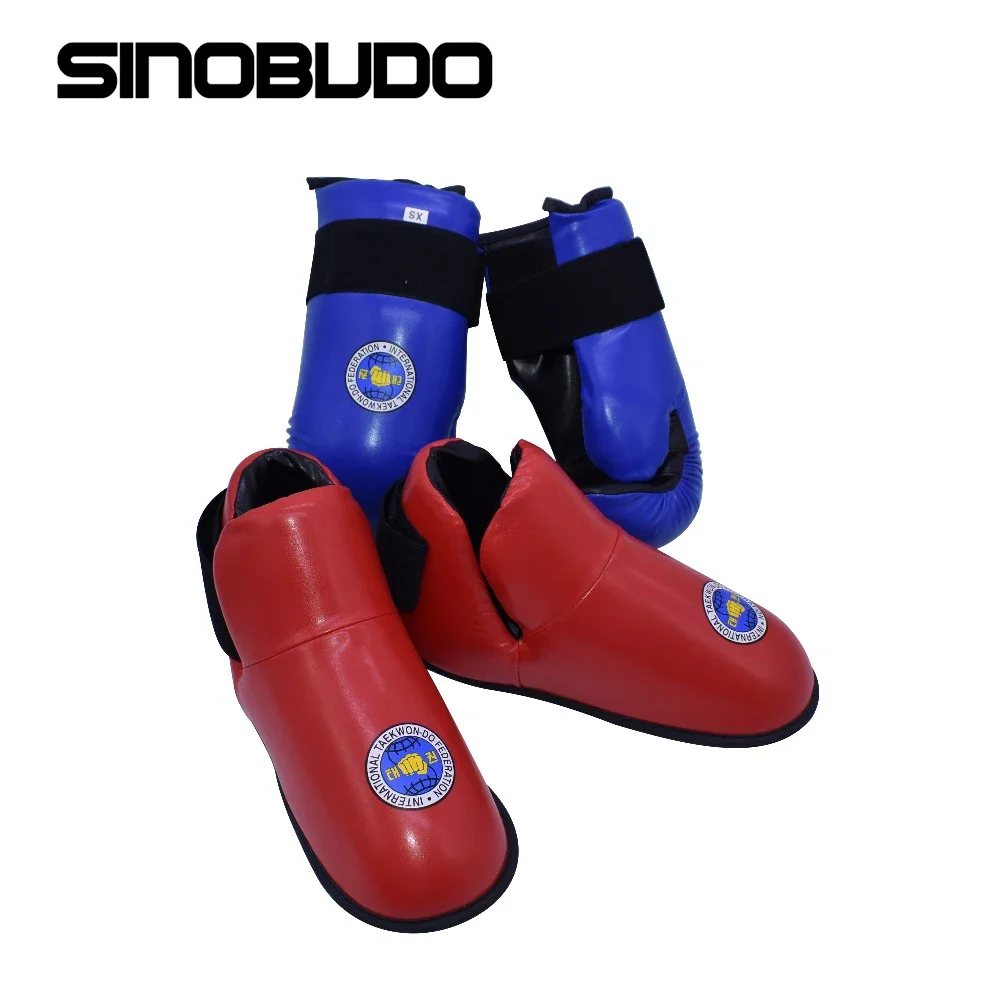 SINOBUDO ITF Taekwondo guantes de cuero PU rojo/azul, Protector de pies, artes marciales, entrenamiento de Karate, equipo Protector de traje de