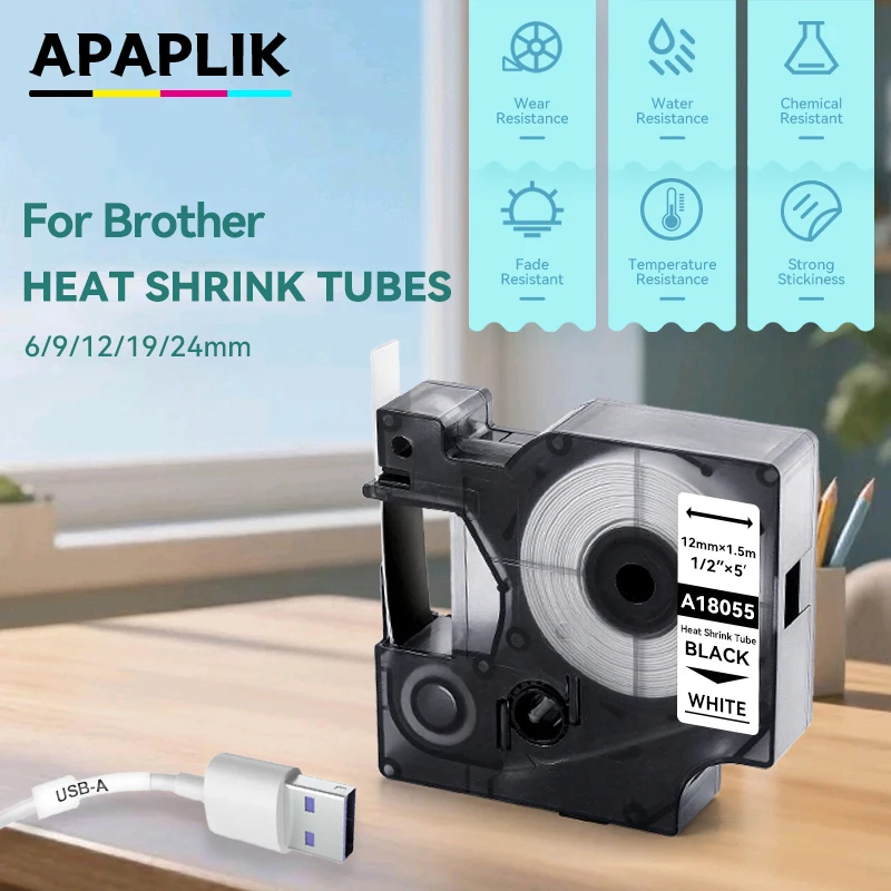APAPLIK 1Pack 18055 Heat Shrink Tubes 12mm Black on White for DYMO Rhino IND LabelWriters PRO1000 Rhino3000 Rhino4200 Rhino5000