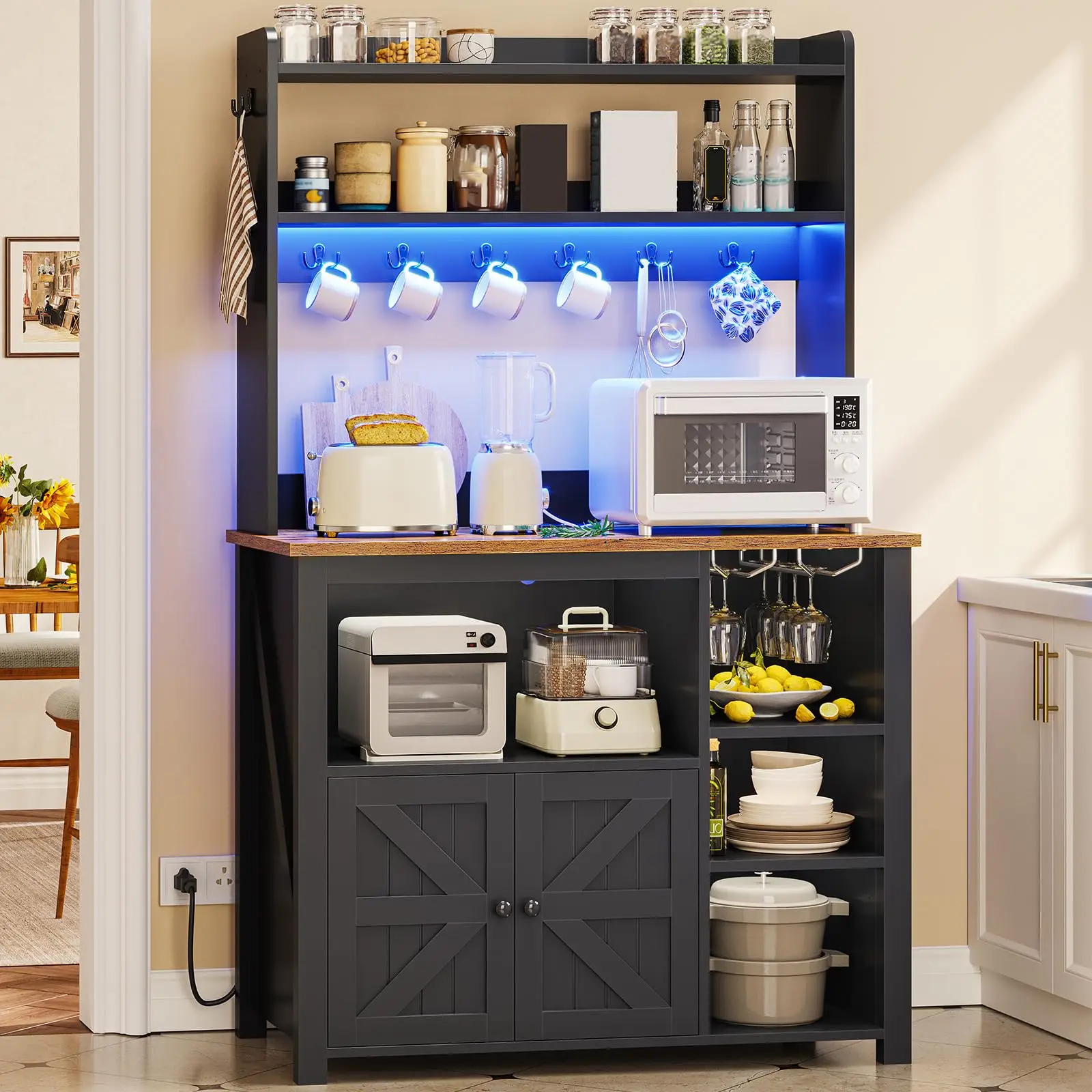 35.4 inch Coffee Bar Cabinet, Bakers Rack with Power Outlet and Storage, Farmhouse Microwave Stand Kitchen Cabinet with