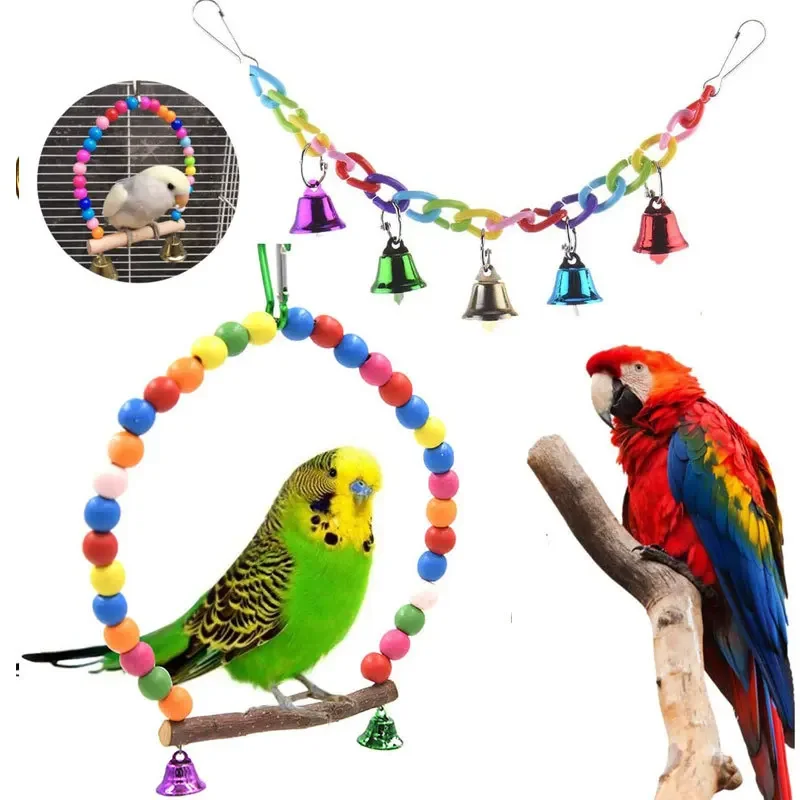 17 piece set of parrot toys, bird cage accessories, bird supplies, swings, standing rods, hanging rings, rattan balls, bird toys